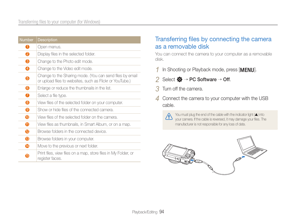 Transferring ﬁles by connecting the, Camera as a removable disk ………………… 94 | Samsung EC-TL500ZBPBUS User Manual | Page 95 / 129