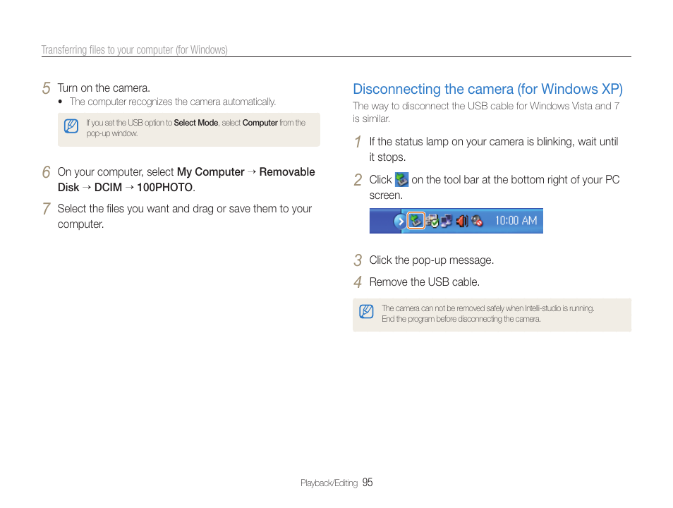 Disconnecting the camera (for windows xp), Disconnecting the camera, For windows xp) …………………………… 95 | Samsung EC-TL500ZBPBUS User Manual | Page 96 / 129