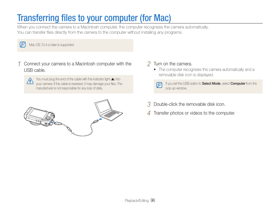 Transferring files to your computer (for mac), Transferring ﬁles to your computer (for mac), Transferring ﬁles to your computer | For mac) | Samsung EC-TL500ZBPBUS User Manual | Page 97 / 129