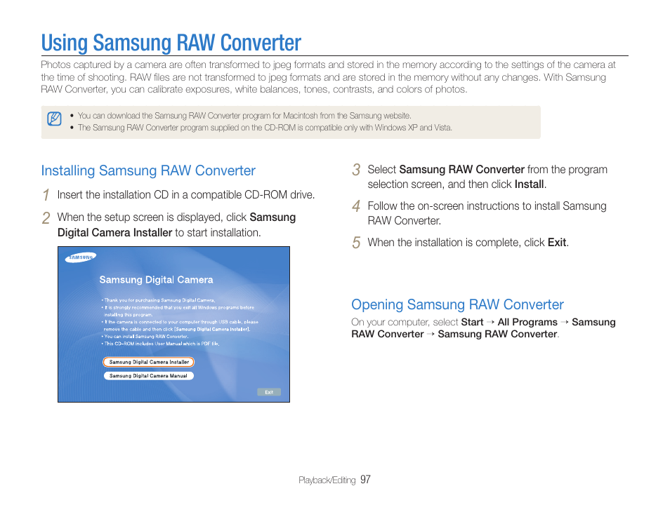 Using samsung raw converter, Installing samsung raw converter, Opening samsung raw converter | Installing samsung raw converter ………… 97, Opening samsung raw converter ………… 97 | Samsung EC-TL500ZBPBUS User Manual | Page 98 / 129