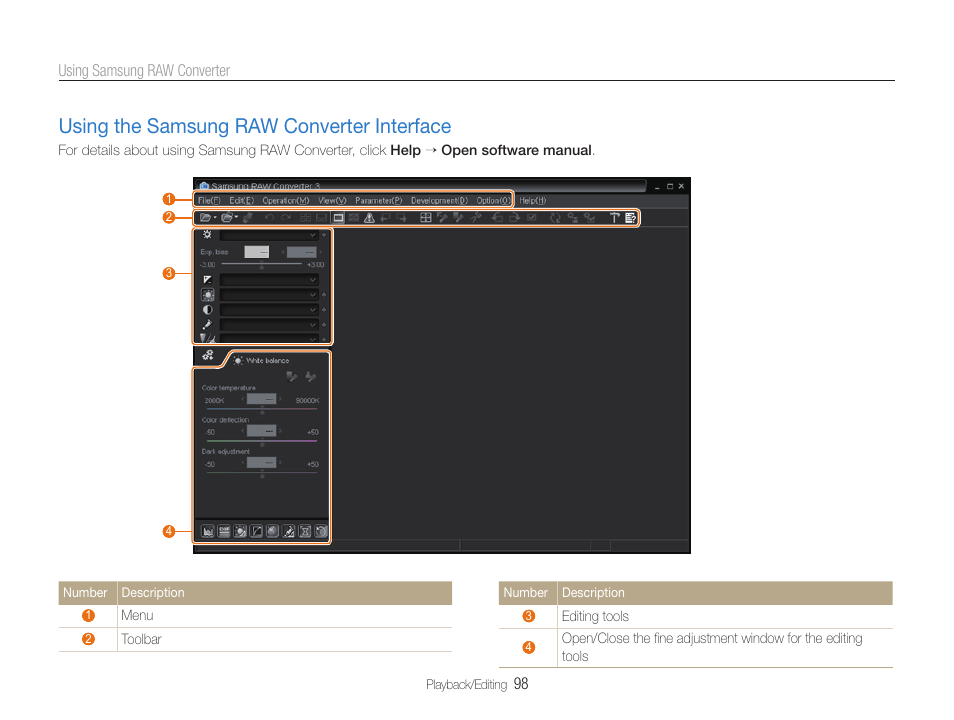 Using the samsung raw converter interface, Using the samsung raw converter, Interface ……………………………………… 98 | Samsung EC-TL500ZBPBUS User Manual | Page 99 / 129