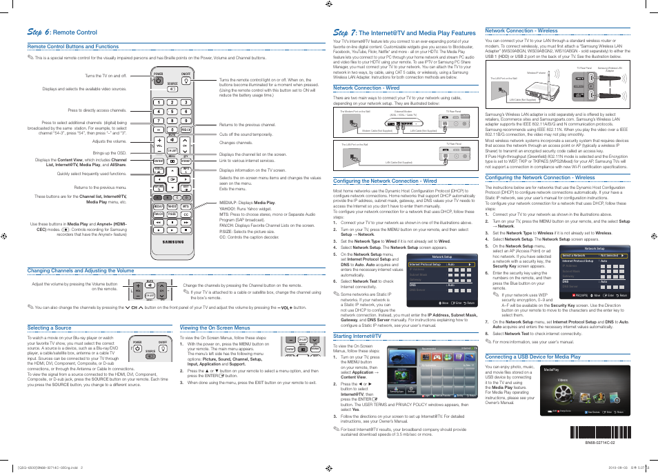 Step 6, Step 7, Remote control | The internet@tv and media play features | Samsung UN55C6500VFXZA User Manual | Page 2 / 2