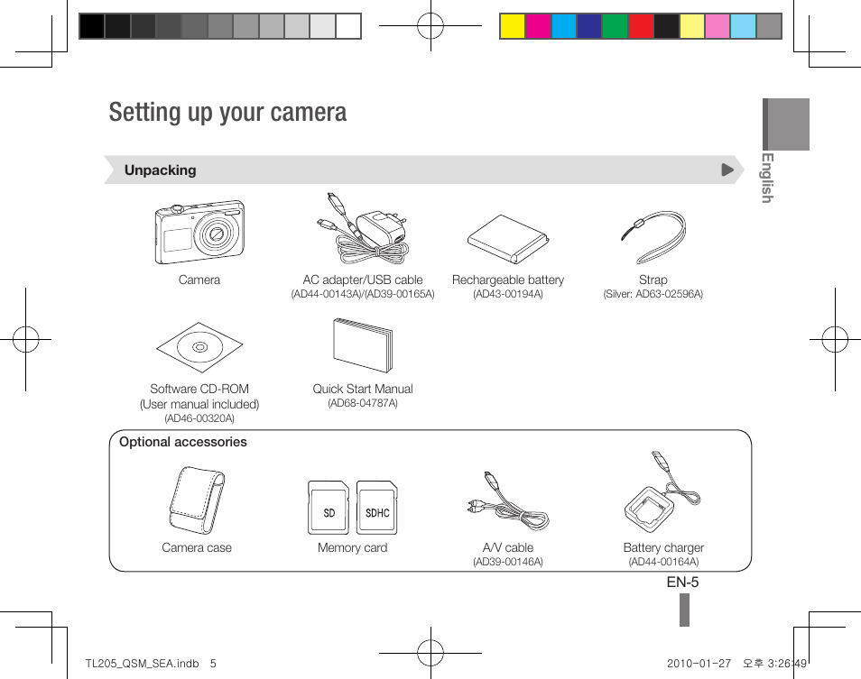 Setting up your camera | Samsung EC-TL205ZBPVUS User Manual | Page 5 / 24