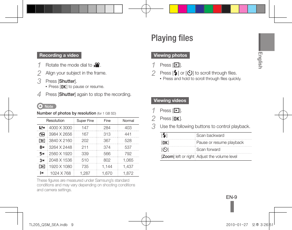 Playing files | Samsung EC-TL205ZBPVUS User Manual | Page 9 / 24