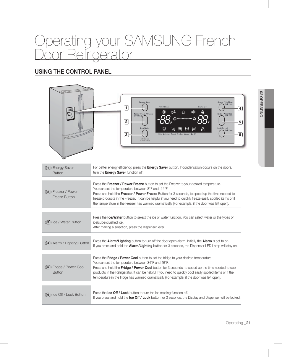 Operating your samsung french door refrigerator | Samsung RF26XAEPN-XAA User Manual | Page 21 / 88