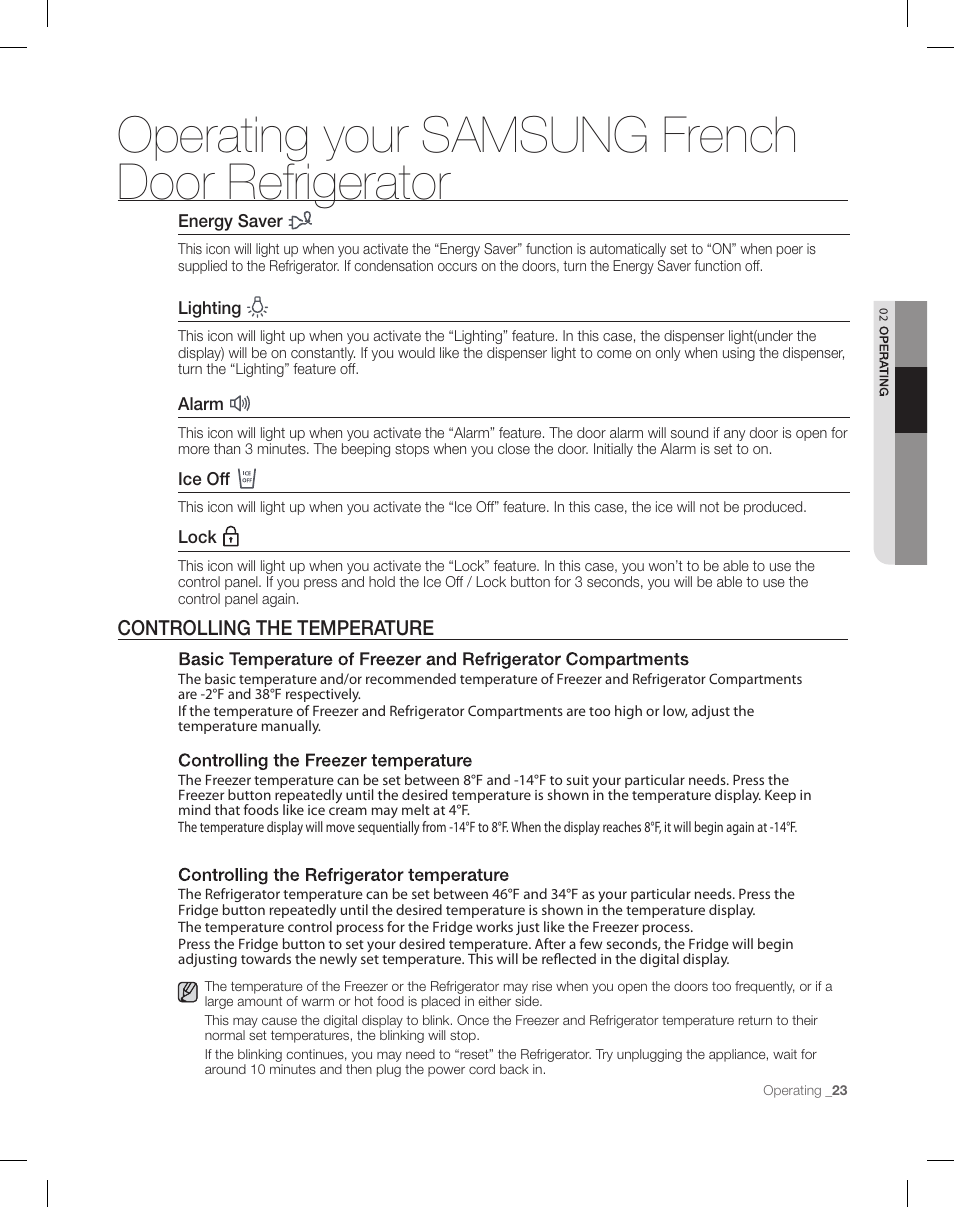 Operating your samsung french door refrigerator | Samsung RF26XAEPN-XAA User Manual | Page 23 / 88