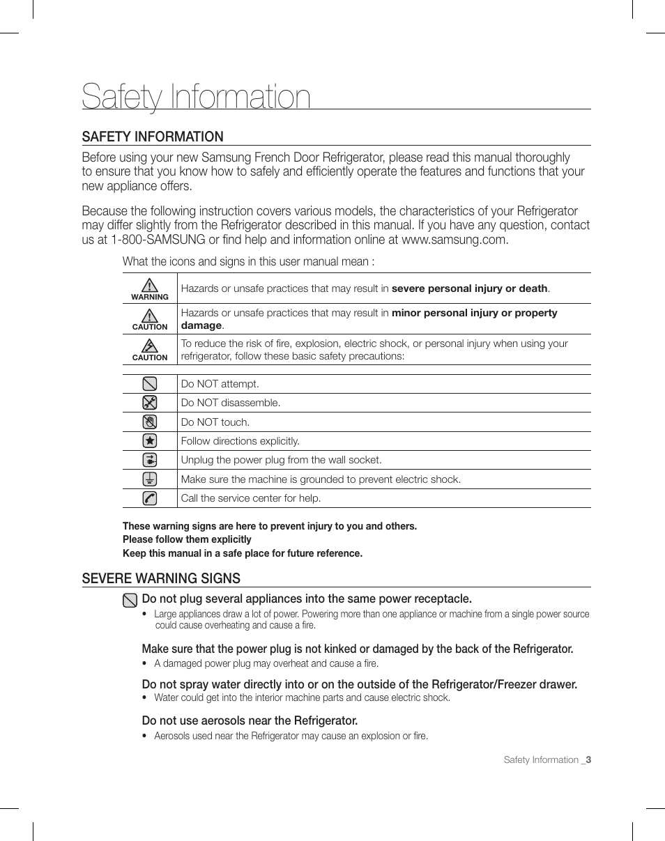 Safety information | Samsung RF26XAEPN-XAA User Manual | Page 3 / 88