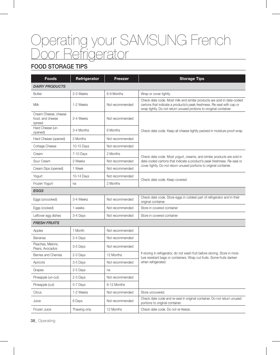 Operating your samsung french door refrigerator | Samsung RF26XAEPN-XAA User Manual | Page 38 / 88