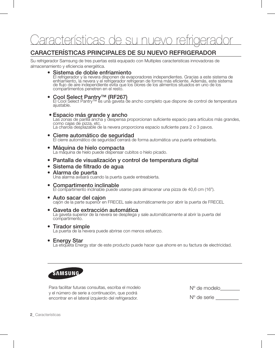 Características de su nuevo refrigerador | Samsung RF26XAEPN-XAA User Manual | Page 48 / 88