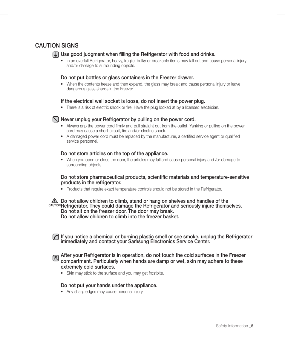 Caution signs | Samsung RF26XAEPN-XAA User Manual | Page 5 / 88