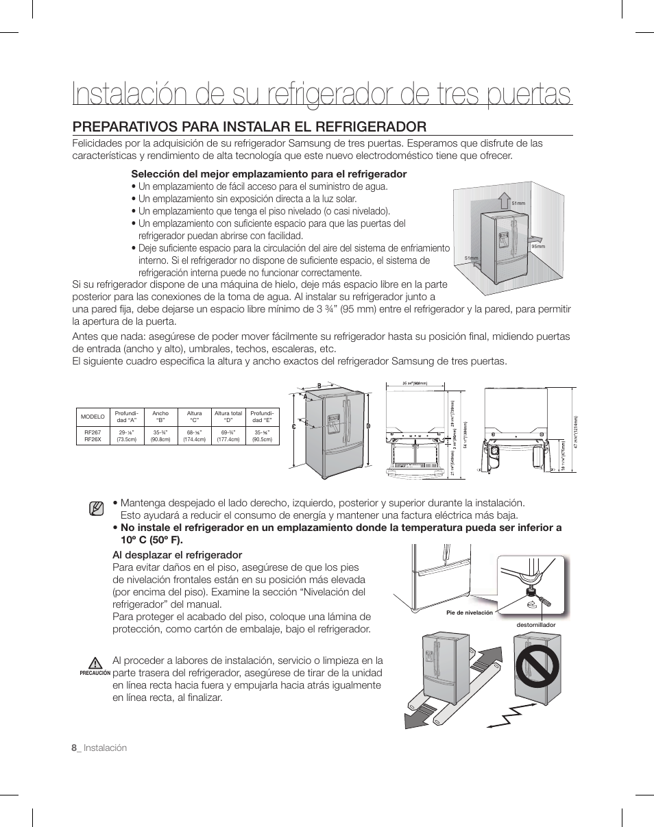 Instalación de su refrigerador de tres puertas | Samsung RF26XAEPN-XAA User Manual | Page 54 / 88