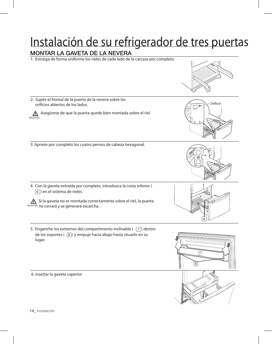 Instalación de su refrigerador de tres puertas | Samsung RF26XAEPN-XAA User Manual | Page 60 / 88