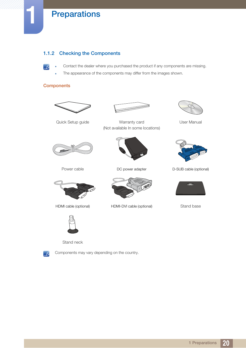 2 checking the components, Checking the components, Preparations | Samsung LS24C570HL-ZA User Manual | Page 20 / 100