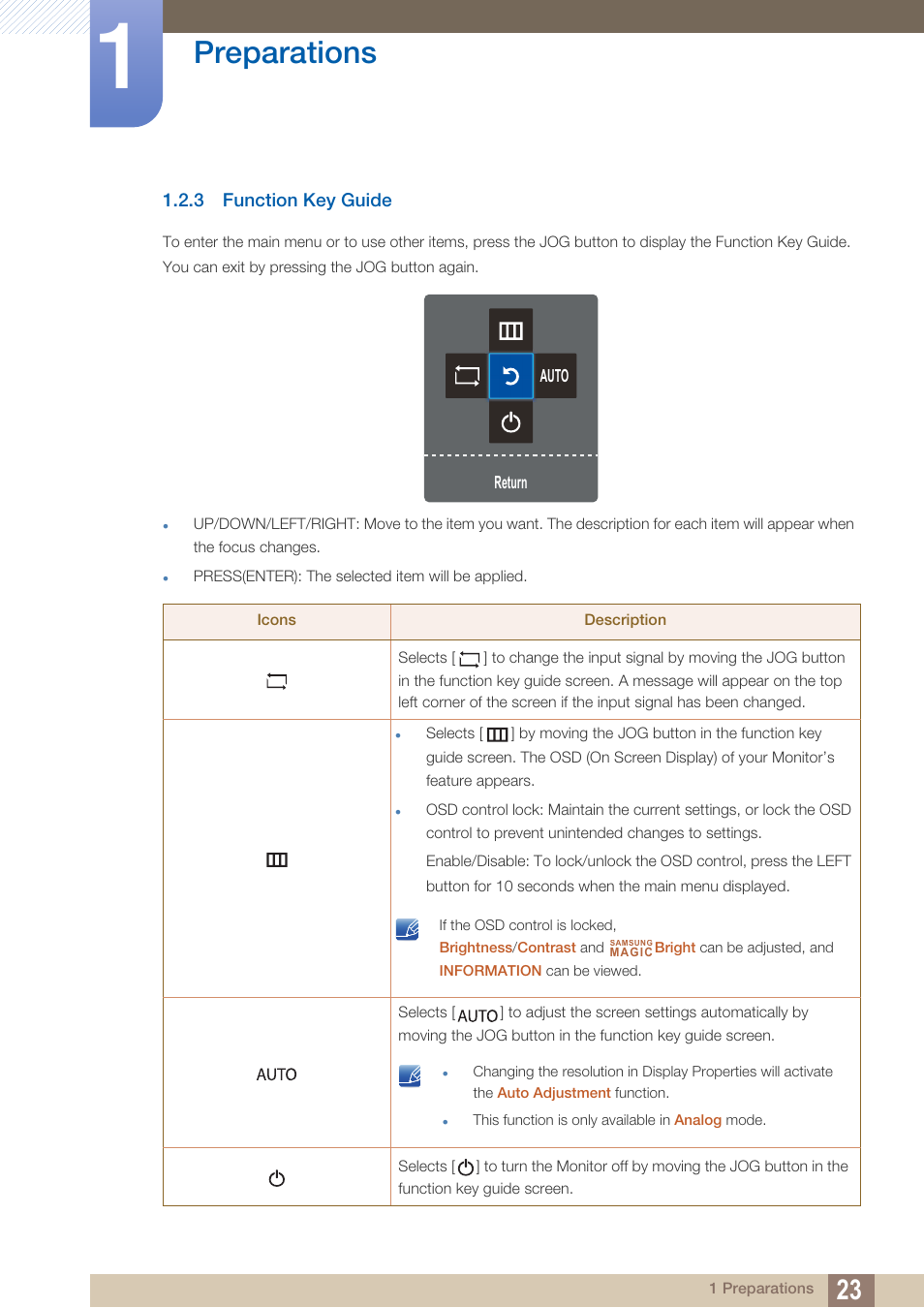 3 function key guide, Function key guide, Preparations | Samsung LS24C570HL-ZA User Manual | Page 23 / 100