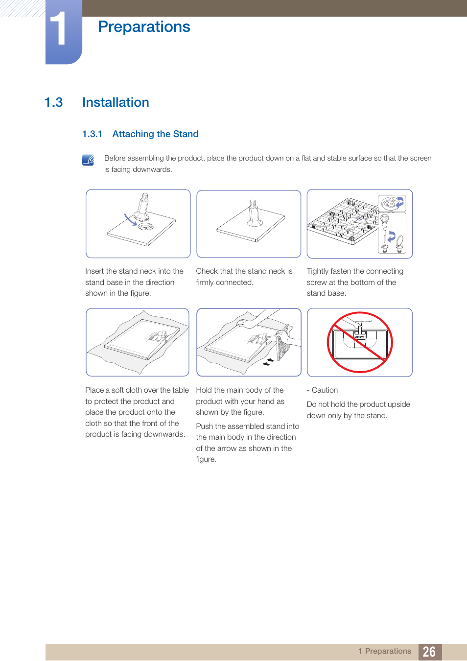 3 installation, 1 attaching the stand, Installation | Attaching the stand, Preparations | Samsung LS24C570HL-ZA User Manual | Page 26 / 100