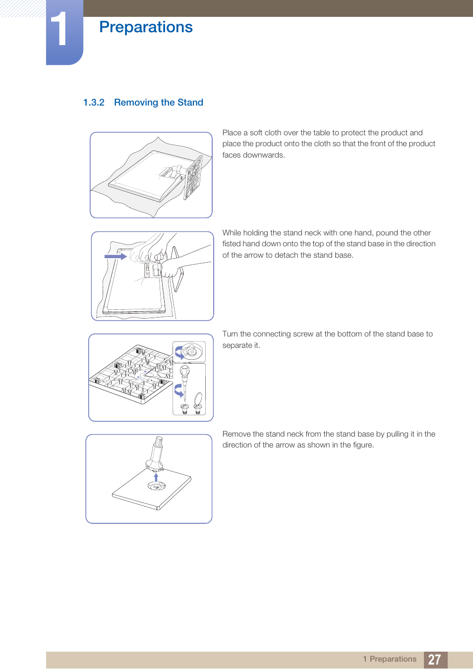 2 removing the stand, Removing the stand, Preparations | Samsung LS24C570HL-ZA User Manual | Page 27 / 100