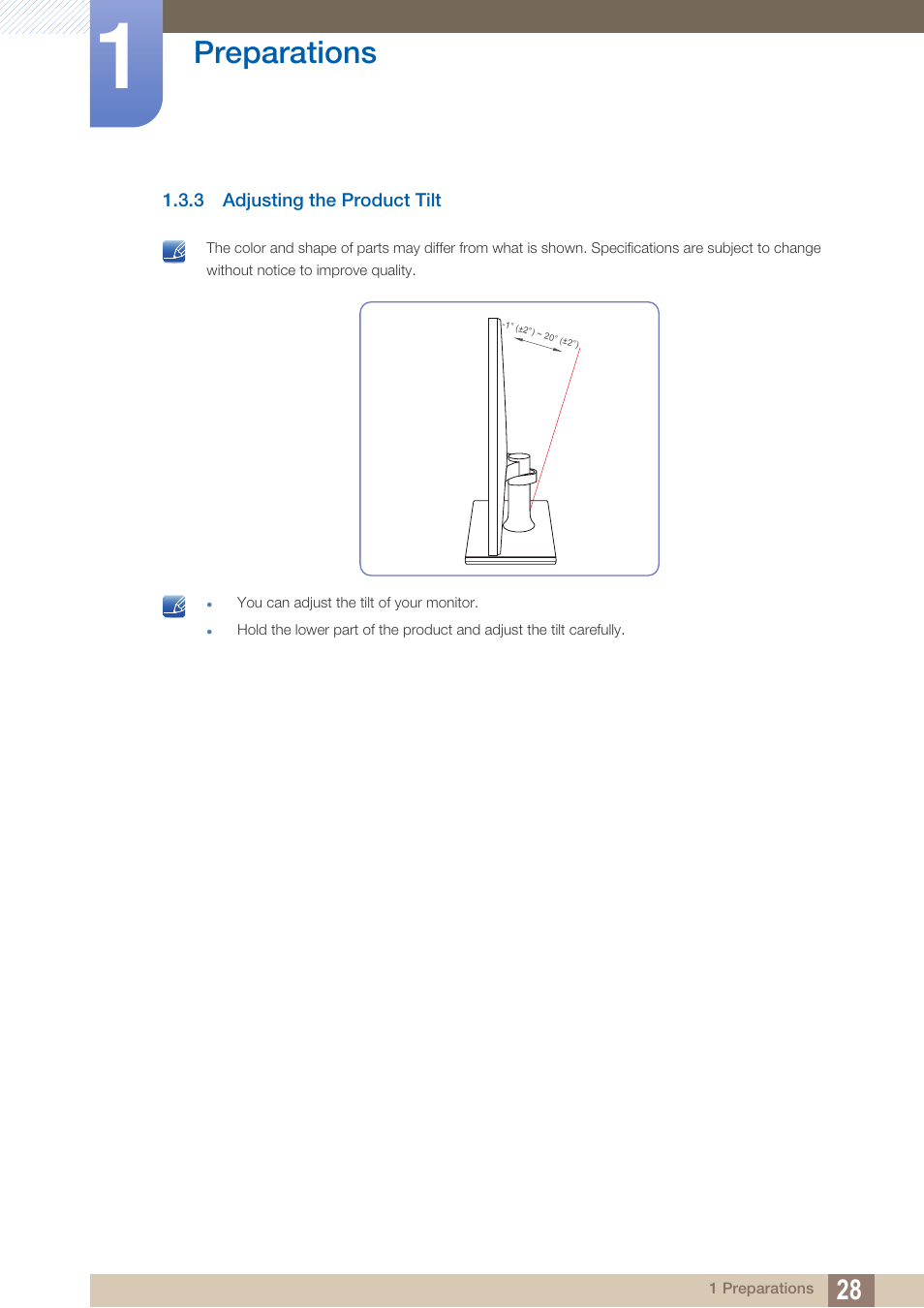 3 adjusting the product tilt, Adjusting the product tilt, Preparations | Samsung LS24C570HL-ZA User Manual | Page 28 / 100