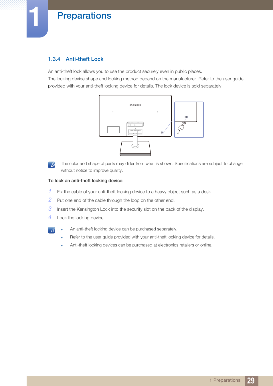 4 anti-theft lock, Anti-theft lock, Preparations | Samsung LS24C570HL-ZA User Manual | Page 29 / 100