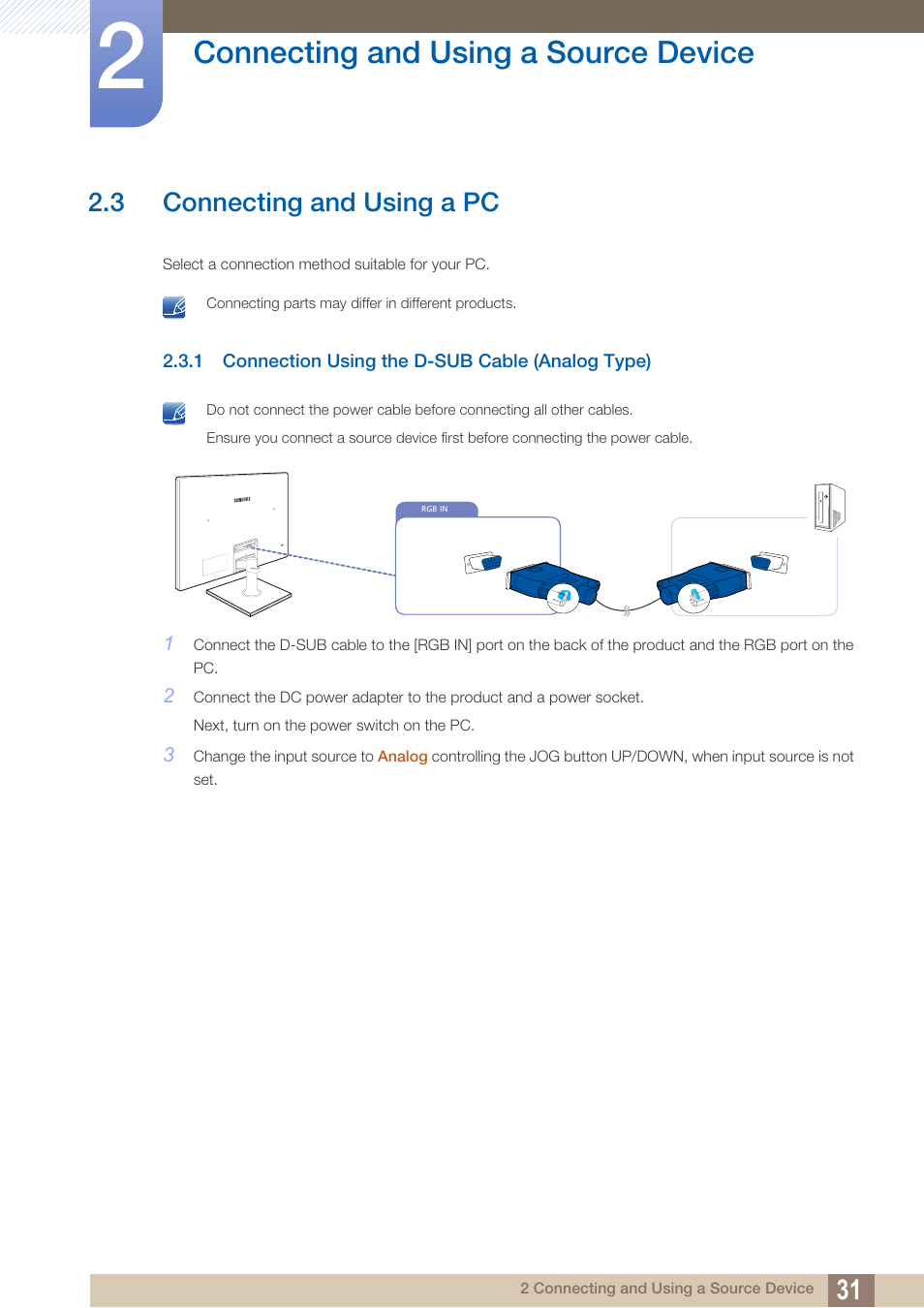 3 connecting and using a pc, 1 connection using the d-sub cable (analog type), Connecting and using a pc | Connection using the d-sub cable (analog type), Connecting and using a source device | Samsung LS24C570HL-ZA User Manual | Page 31 / 100