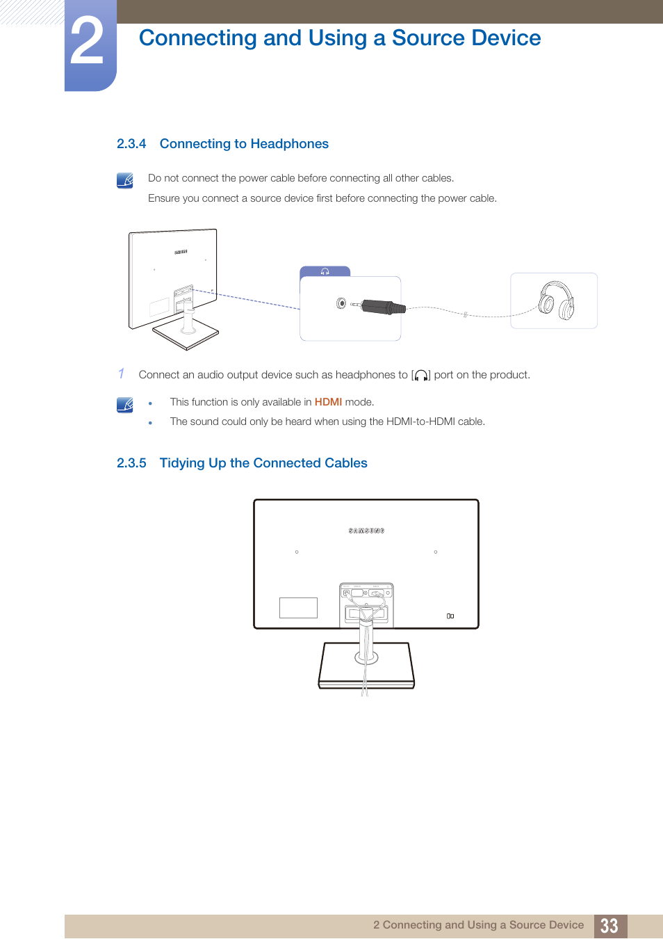 4 connecting to headphones, 5 tidying up the connected cables, Connecting to headphones | Tidying up the connected cables, Connecting and using a source device | Samsung LS24C570HL-ZA User Manual | Page 33 / 100