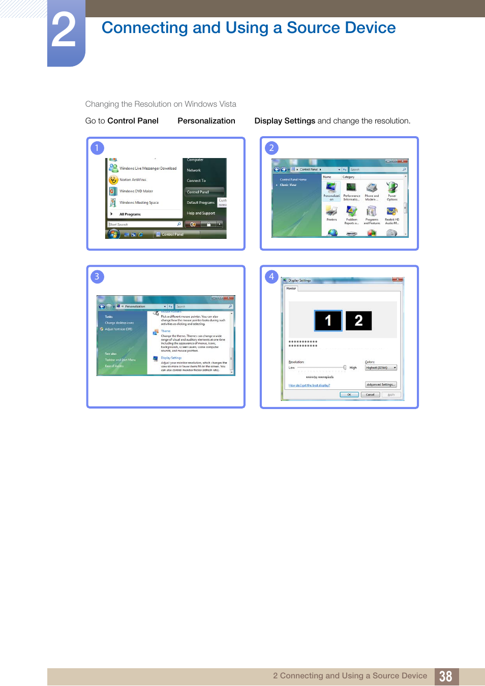 Connecting and using a source device | Samsung LS24C570HL-ZA User Manual | Page 38 / 100