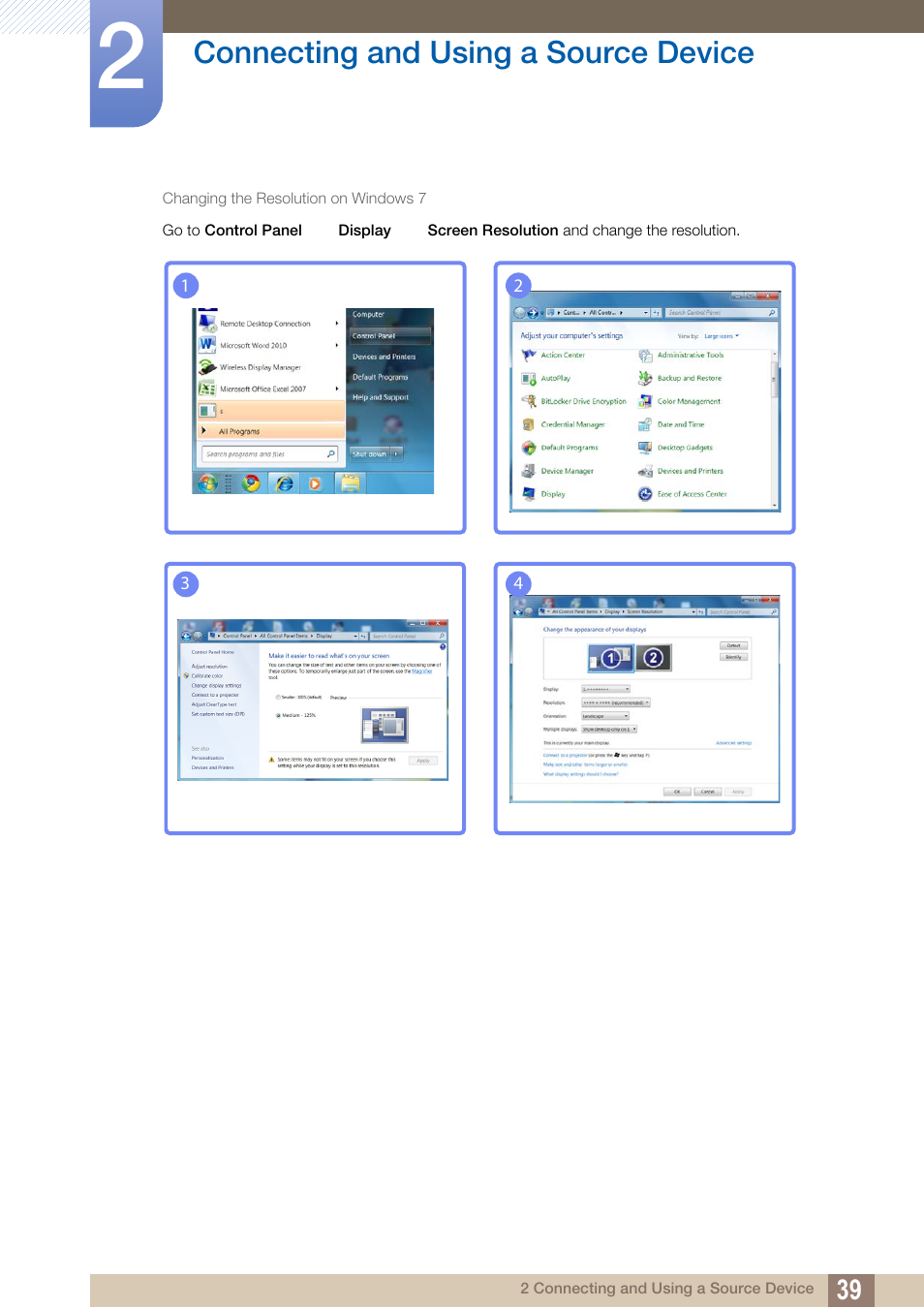 Connecting and using a source device | Samsung LS24C570HL-ZA User Manual | Page 39 / 100