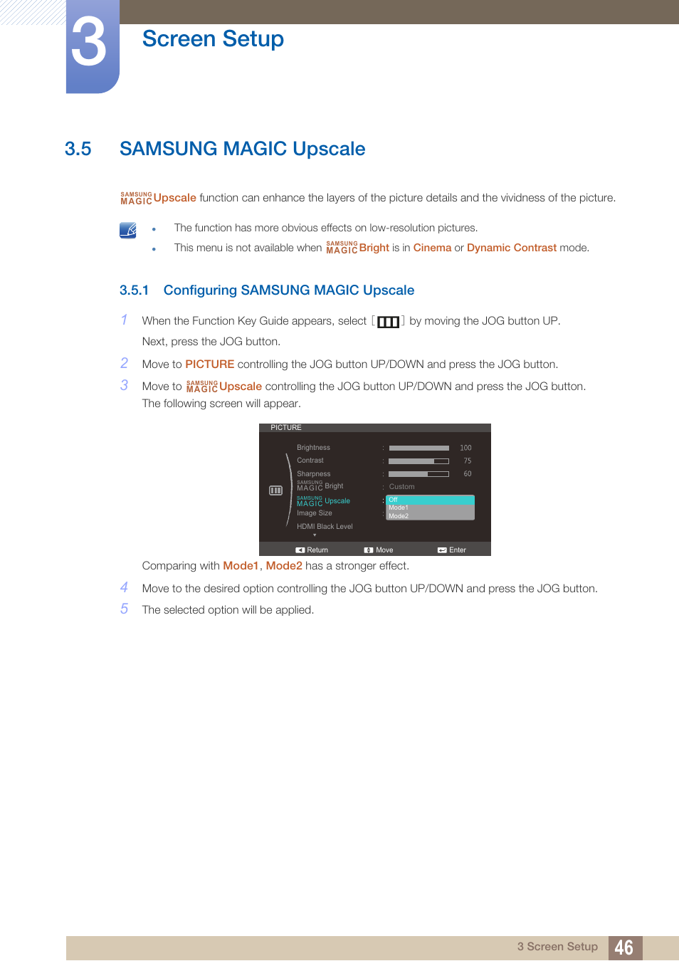 5 samsung magic upscale, 1 configuring samsung magic upscale, Samsung magic upscale | Configuring samsung magic upscale, Screen setup | Samsung LS24C570HL-ZA User Manual | Page 46 / 100