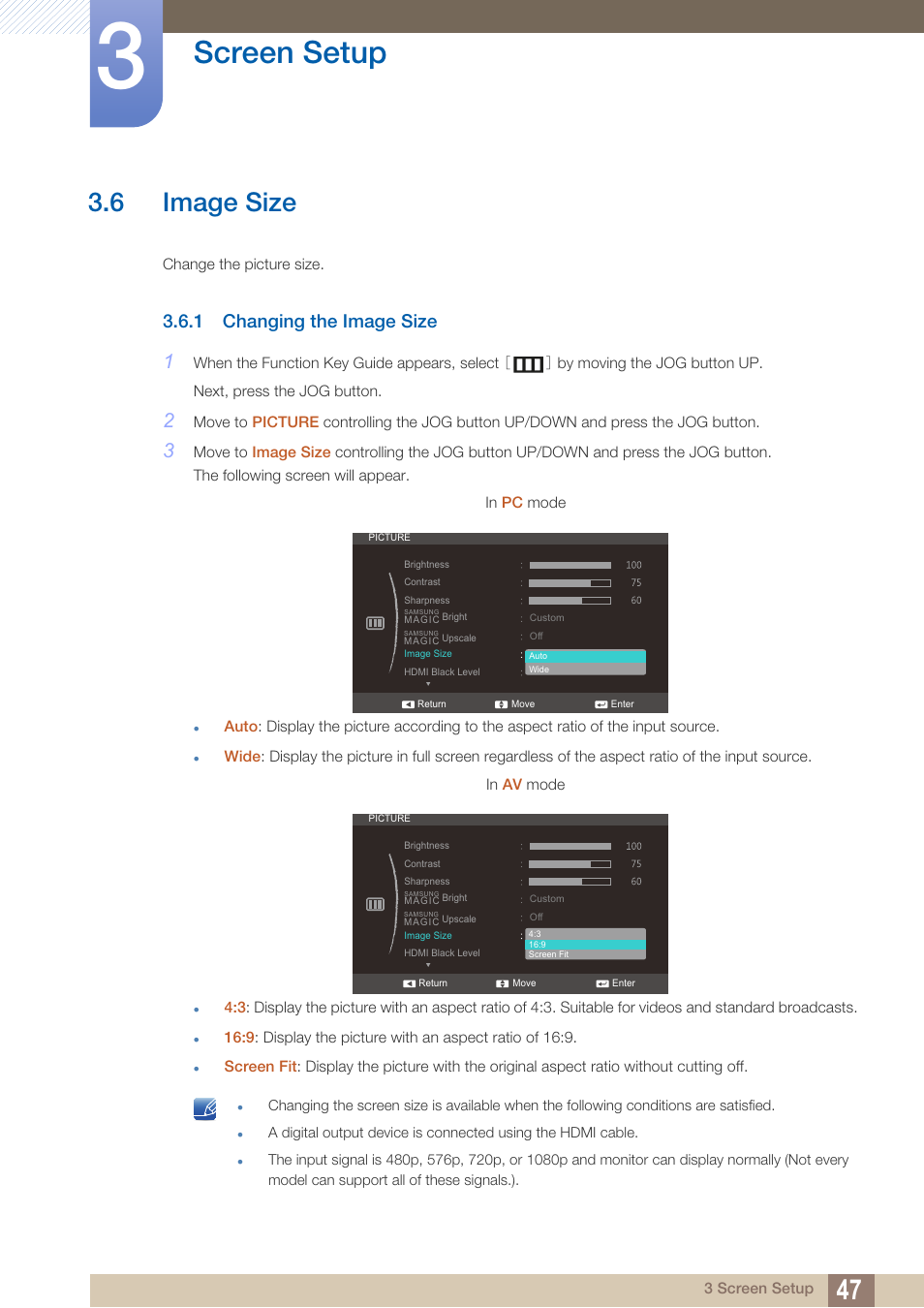 6 image size, 1 changing the image size, Image size | Changing the image size, Screen setup | Samsung LS24C570HL-ZA User Manual | Page 47 / 100