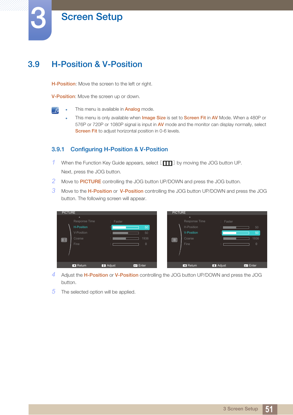 9 h-position & v-position, 1 configuring h-position & v-position, H-position & v-position | Configuring h-position & v-position, Screen setup | Samsung LS24C570HL-ZA User Manual | Page 51 / 100