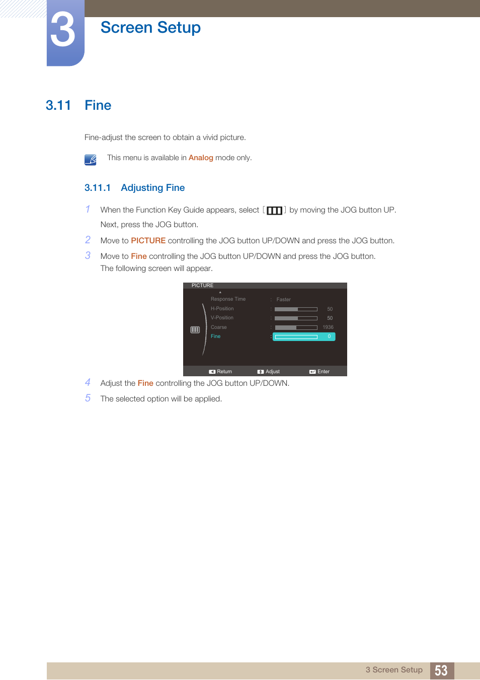 11 fine, 1 adjusting fine, Fine | Adjusting fine, Screen setup | Samsung LS24C570HL-ZA User Manual | Page 53 / 100