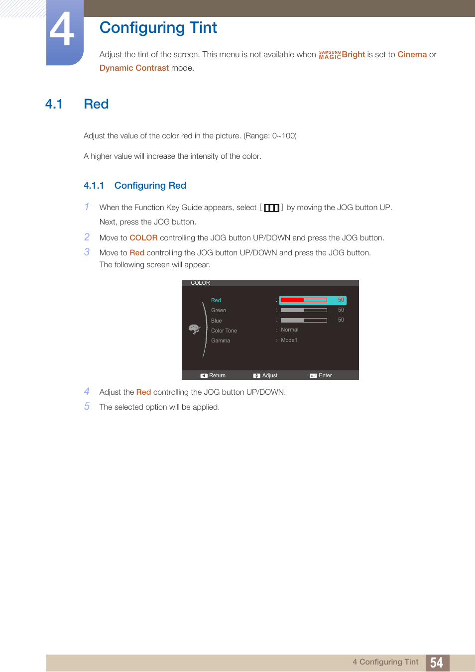 Configuring tint, 1 red, 1 configuring red | Configuring red | Samsung LS24C570HL-ZA User Manual | Page 54 / 100