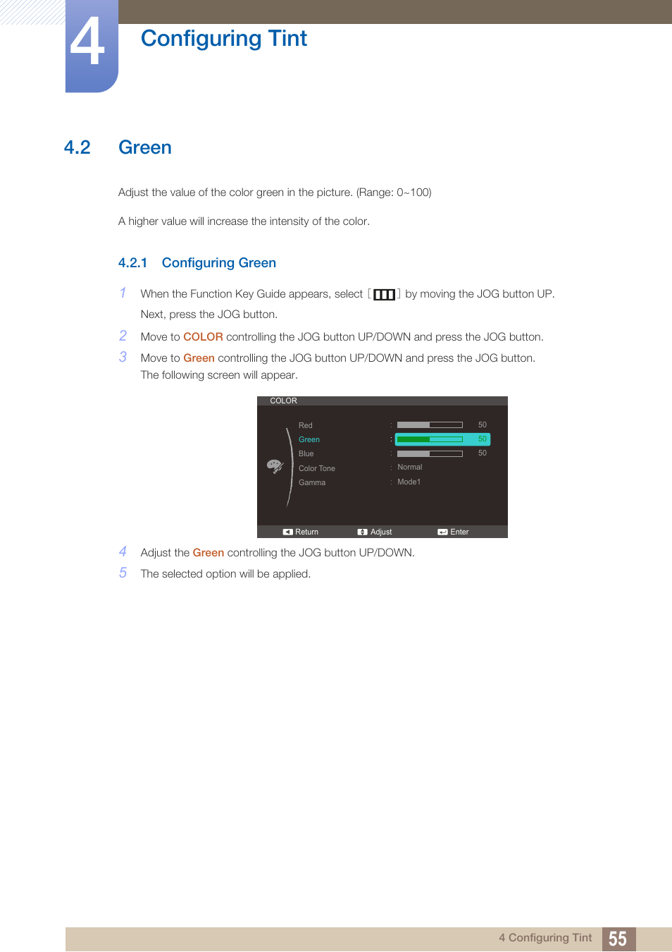 2 green, 1 configuring green, Green | Configuring green, Configuring tint | Samsung LS24C570HL-ZA User Manual | Page 55 / 100