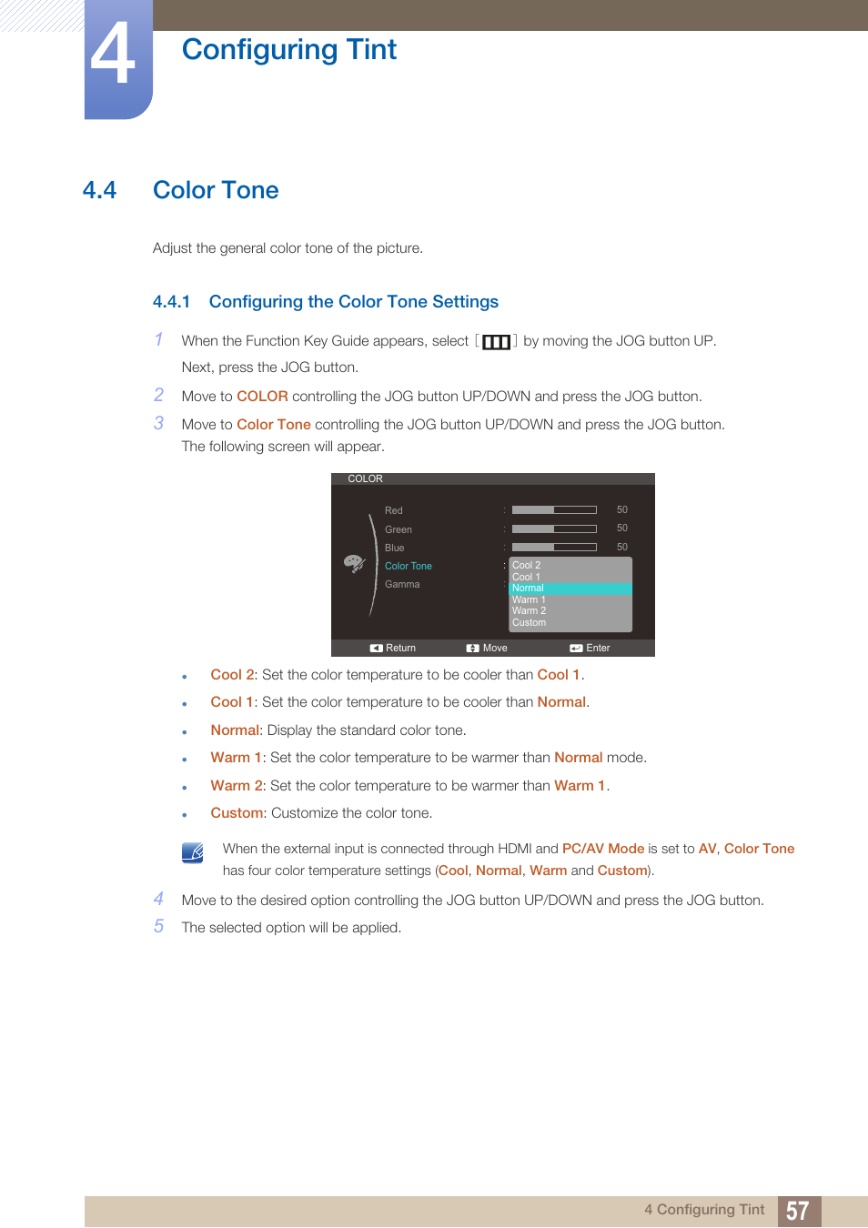 4 color tone, 1 configuring the color tone settings, Color tone | Configuring the color tone settings, Configuring tint | Samsung LS24C570HL-ZA User Manual | Page 57 / 100