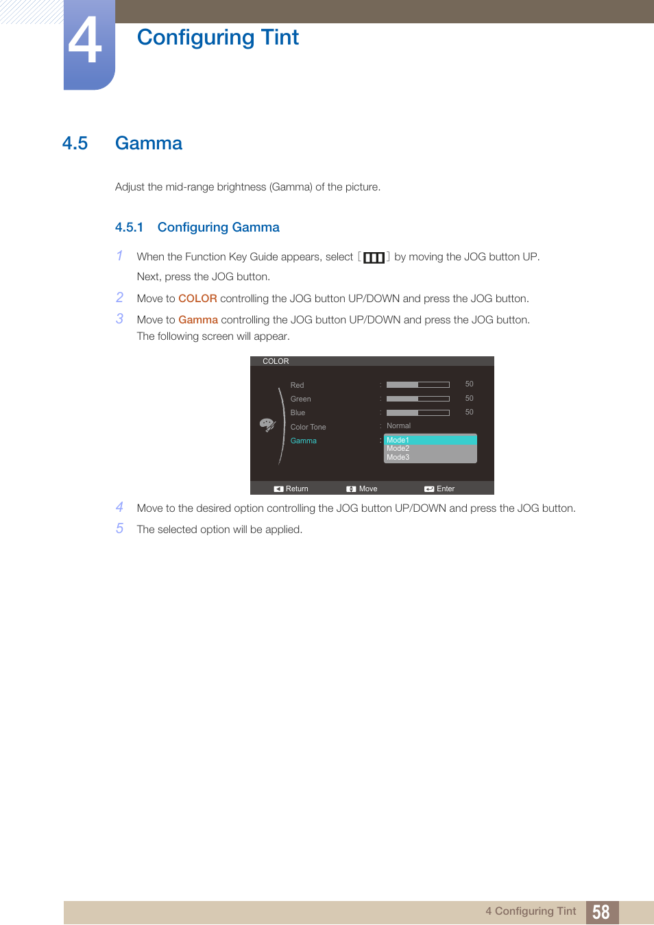 5 gamma, 1 configuring gamma, Gamma | Configuring gamma, Configuring tint | Samsung LS24C570HL-ZA User Manual | Page 58 / 100