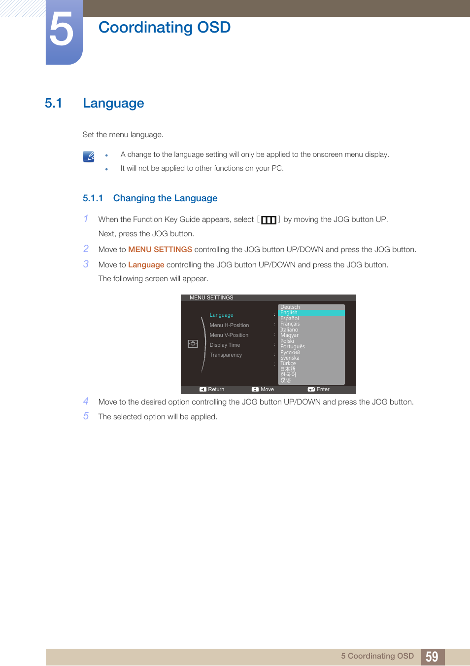 Coordinating osd, 1 language, 1 changing the language | Language, Changing the language | Samsung LS24C570HL-ZA User Manual | Page 59 / 100