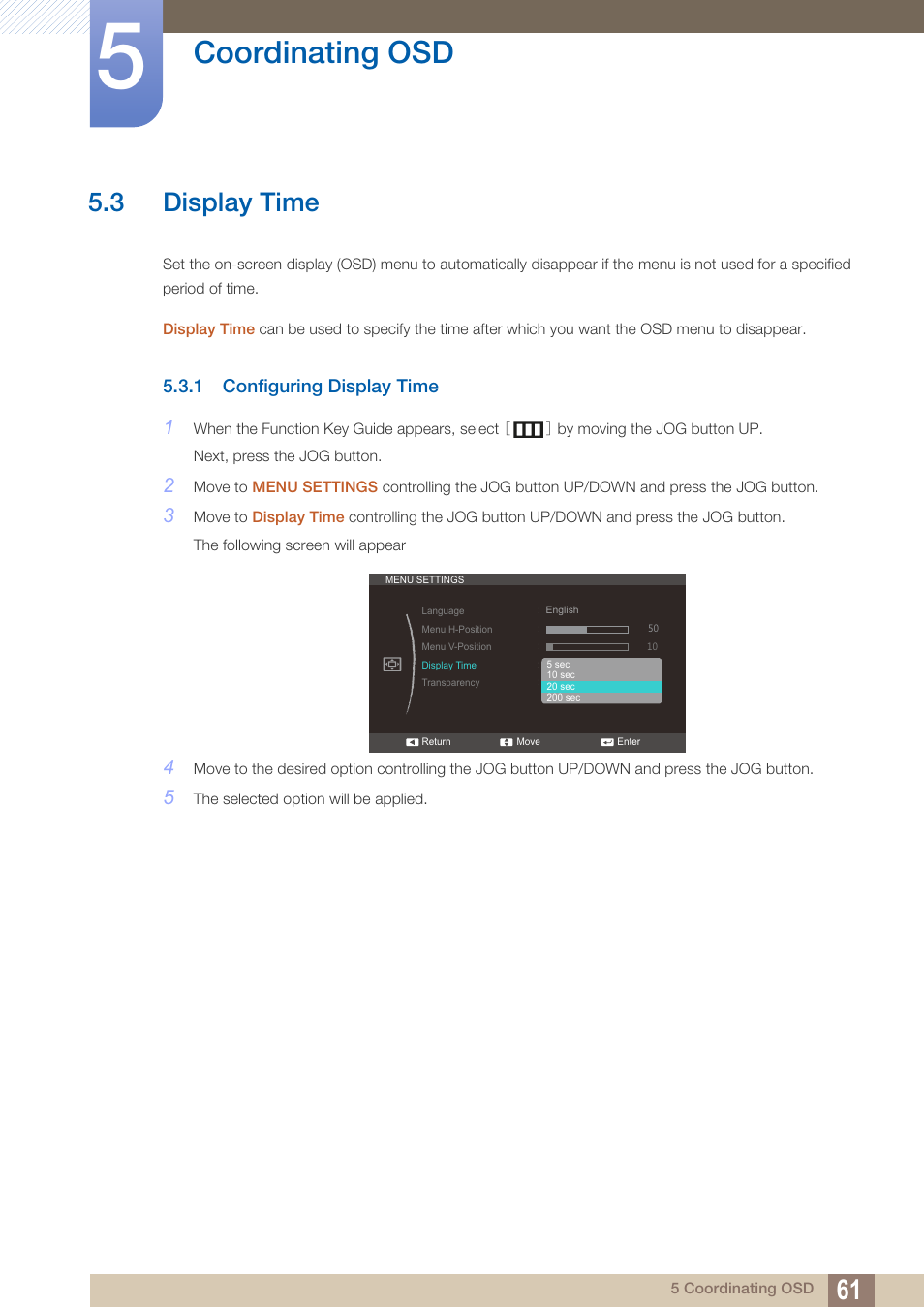 3 display time, 1 configuring display time, Display time | Configuring display time, Coordinating osd | Samsung LS24C570HL-ZA User Manual | Page 61 / 100