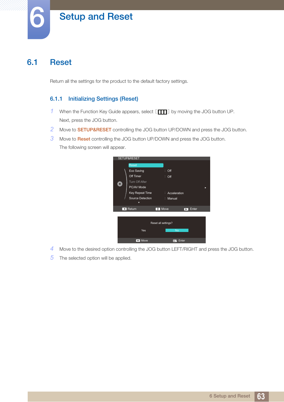 Setup and reset, 1 reset, 1 initializing settings (reset) | Reset, Initializing settings (reset) | Samsung LS24C570HL-ZA User Manual | Page 63 / 100