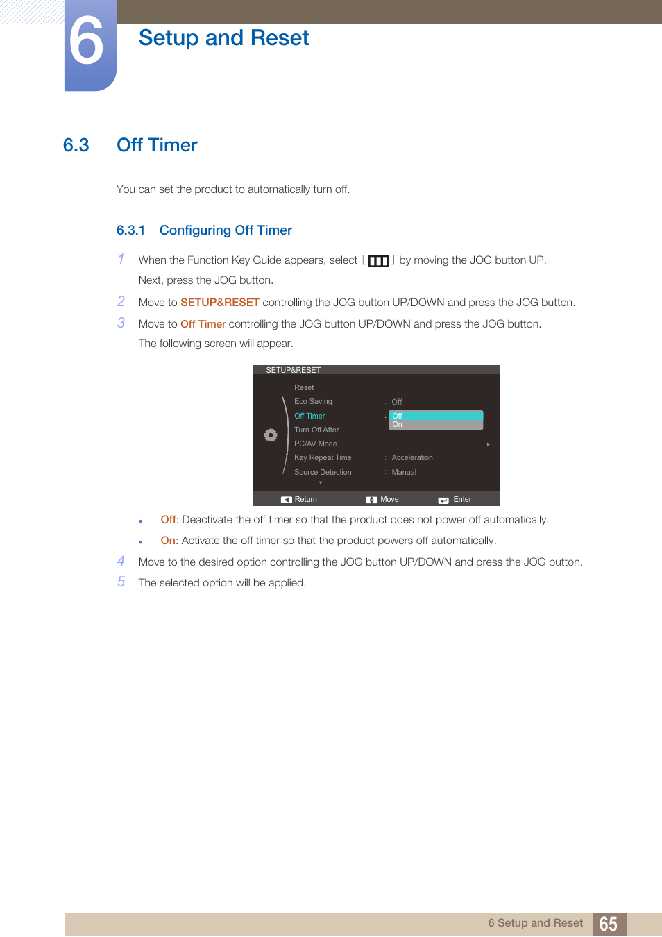 3 off timer, 1 configuring off timer, Off timer | Configuring off timer, Setup and reset | Samsung LS24C570HL-ZA User Manual | Page 65 / 100