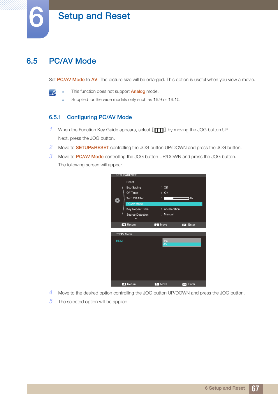 5 pc/av mode, 1 configuring pc/av mode, Pc/av mode | Configuring pc/av mode, Setup and reset | Samsung LS24C570HL-ZA User Manual | Page 67 / 100