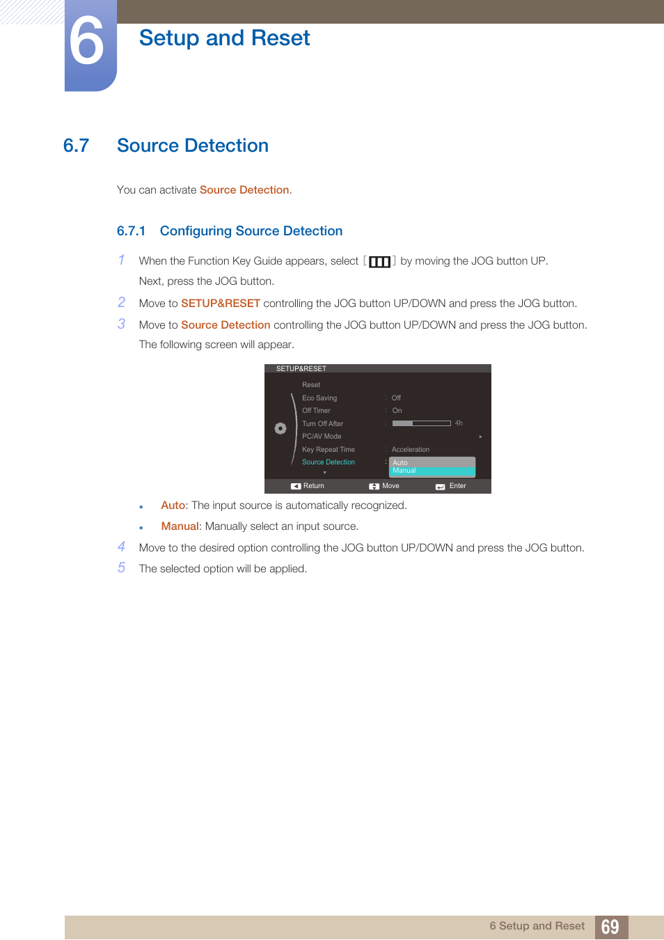 7 source detection, 1 configuring source detection, Source detection | Configuring source detection, Setup and reset | Samsung LS24C570HL-ZA User Manual | Page 69 / 100