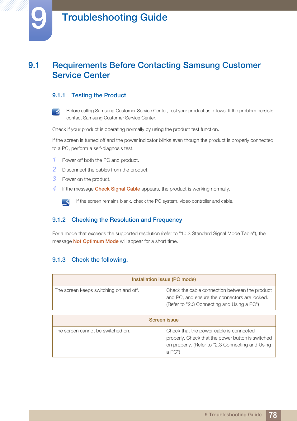 Troubleshooting guide, 1 testing the product, 2 checking the resolution and frequency | 3 check the following, Troubleshooting, Guide, Testing the product, Checking the resolution and frequency, Check the following | Samsung LS24C570HL-ZA User Manual | Page 78 / 100