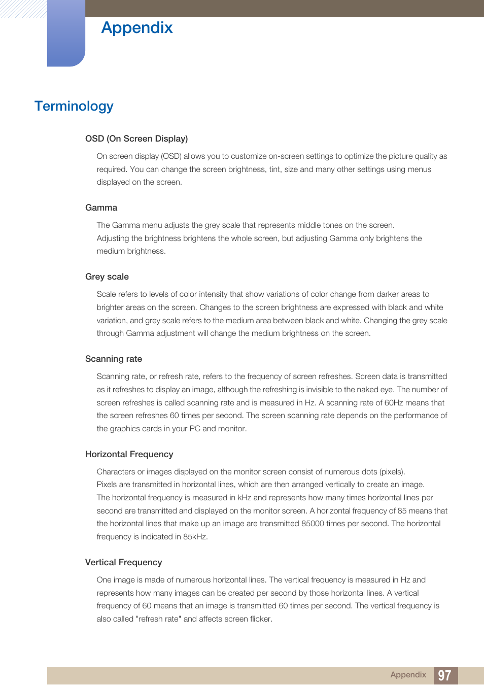 Terminology, Appendix | Samsung LS24C570HL-ZA User Manual | Page 97 / 100