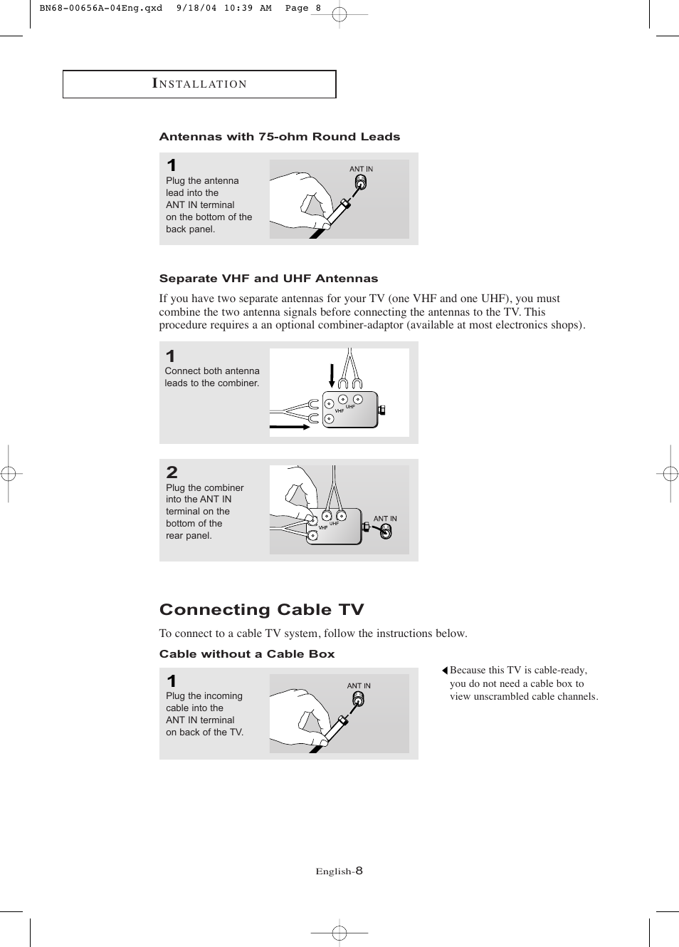 Antennas with 75-ohm round leads, Separate vhf and uhf antennas, Connecting cable tv | Cable without a cable box | Samsung LTP266WX-XAC User Manual | Page 13 / 79