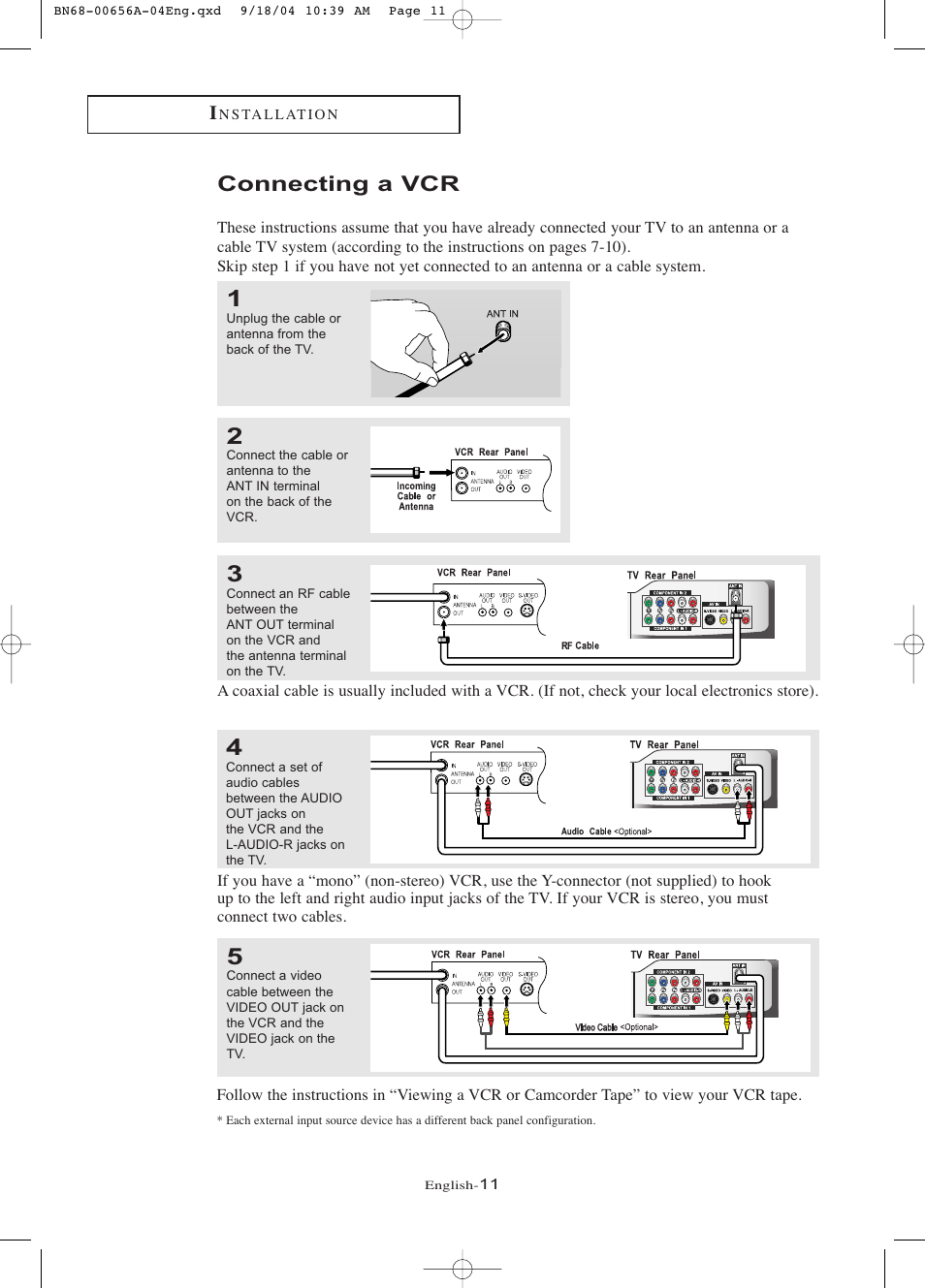 Connecting a vcr | Samsung LTP266WX-XAC User Manual | Page 16 / 79