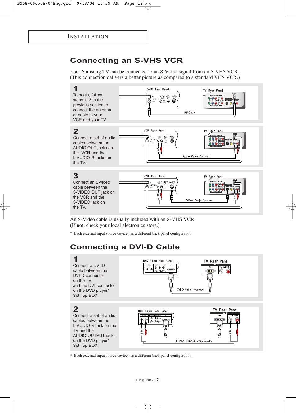 Connecting an s-vhs vcr, Connecting a dvi-d cable | Samsung LTP266WX-XAC User Manual | Page 17 / 79