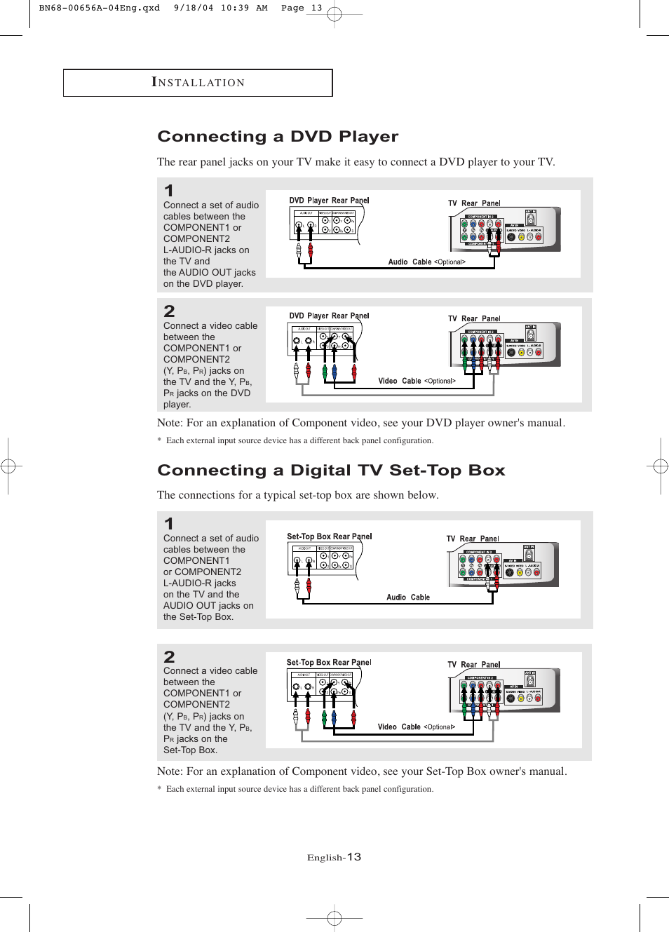 Connecting a dvd player, Connecting a digital tv set-top box | Samsung LTP266WX-XAC User Manual | Page 18 / 79