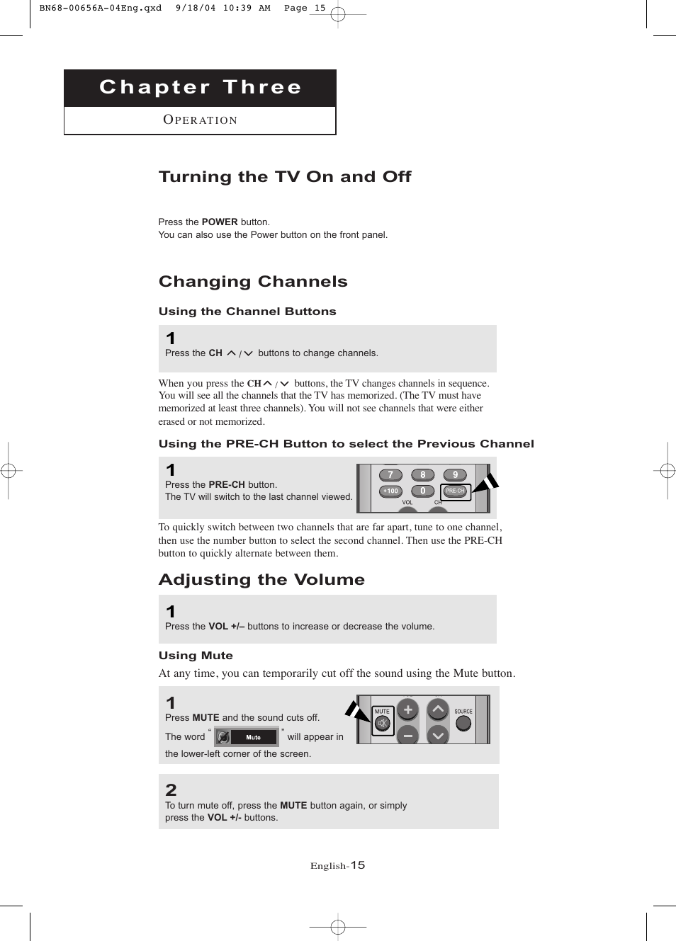 Chapter 3: operation, Turning the tv on and off, Changing channels | Using the channel buttons, Adjusting the volume, Using mute | Samsung LTP266WX-XAC User Manual | Page 20 / 79