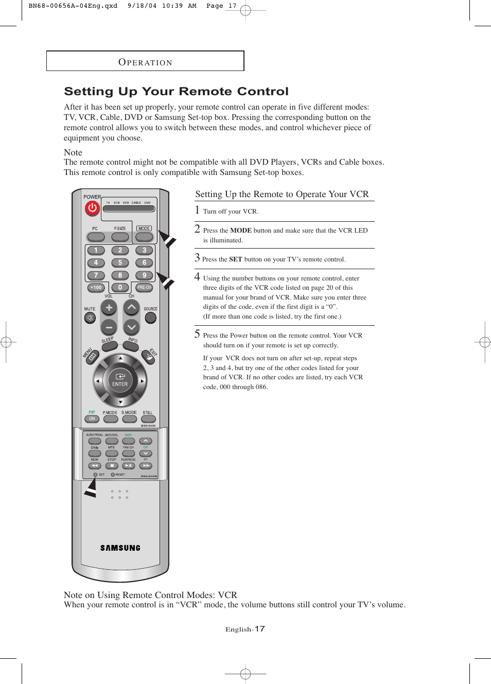 Setting up your remote control | Samsung LTP266WX-XAC User Manual | Page 22 / 79