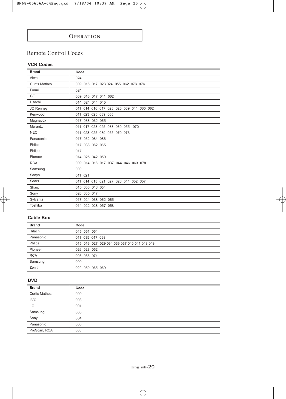 Remote control codes, P e r at i o n, Vcr codes | Cable box | Samsung LTP266WX-XAC User Manual | Page 25 / 79