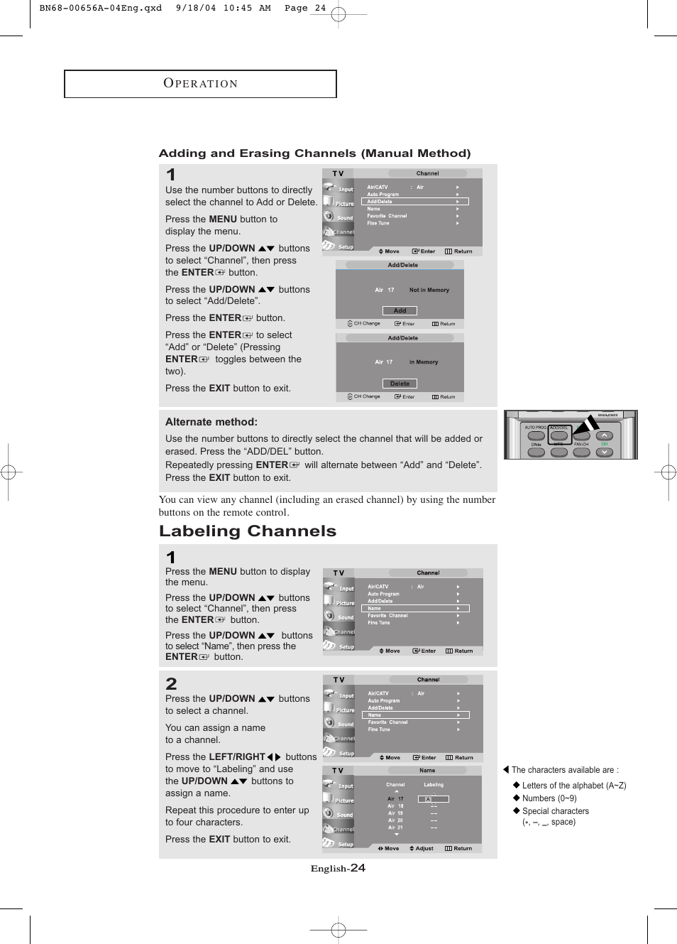 Adding and erasing channels (manual method), Labeling channels | Samsung LTP266WX-XAC User Manual | Page 29 / 79